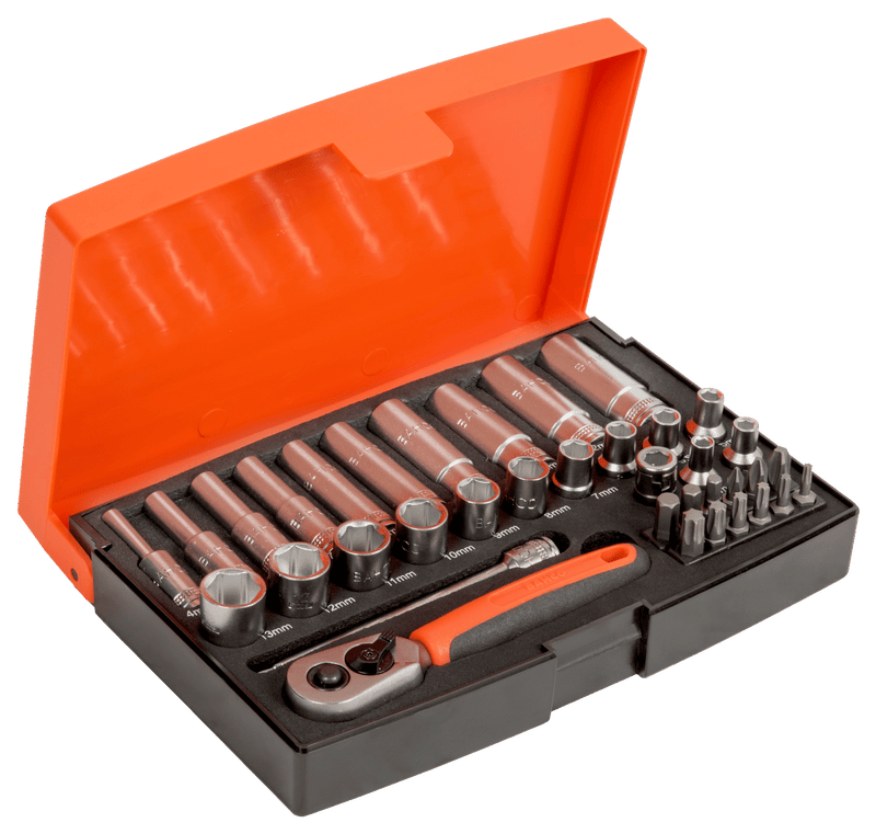 Bahco SL25L 1/4" Square Drive Socket and Deep Socket Set with Metric Hex Profile and Screwdriver Bits