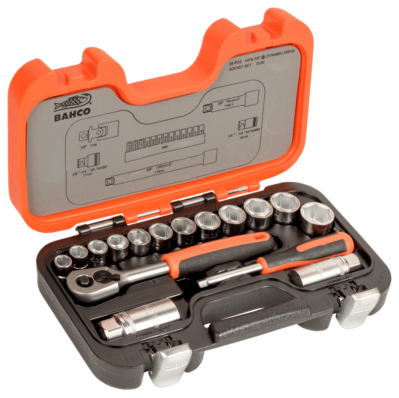 Bahco S330 1/4" and 3/8" Square Drive Socket Set with Metric Hex Profile and Ratchet