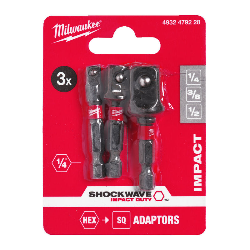 Milwaukee 4932479228 3pc SHOCKWAVE Impact Duty Socket Adaptors - Hex Reception