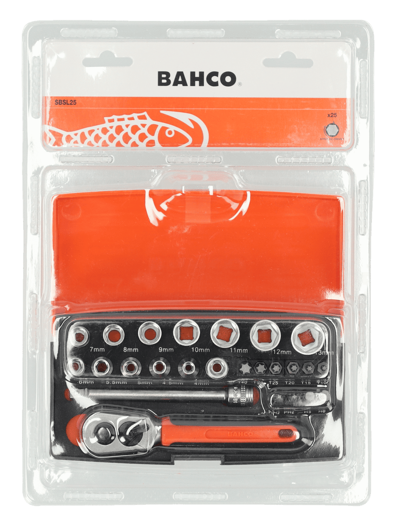 Bahco SBSL25 1/4" Square Drive Socket Set with Metric Hex Profile and Screwdriver Bits/Bit Holder, 25 Pcs/Case Retail Pack