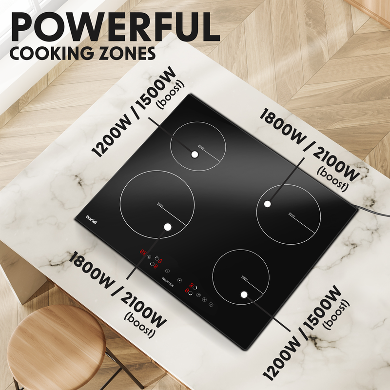 Sealey DH177 Baridi 60cm Built-In Induction Hob with 4 Cooking Zones, 2800W, Boost Function, 9 Power Levels, Touch Control, Timer, supplied with 13A Plug