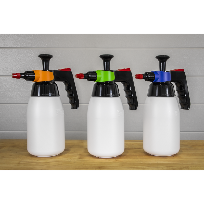 Sealey SCSGCOMBO Premium Pressure Solvent Sprayers 1L & Colour-Coded Caps Combo