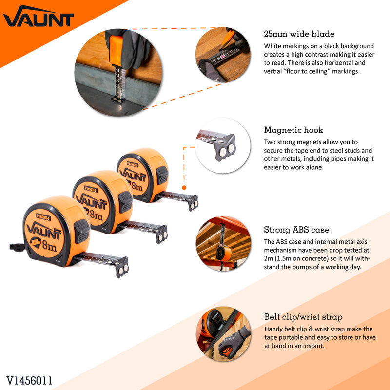 Vaunt V1456011 Premium 8m Metric Compact Tape Measure - Pack of 3