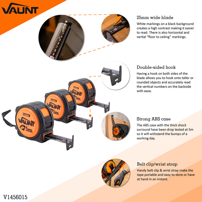 Vaunt V1456015 Premium 5m Metric Heavy Duty Tape Measure - Pack of 3