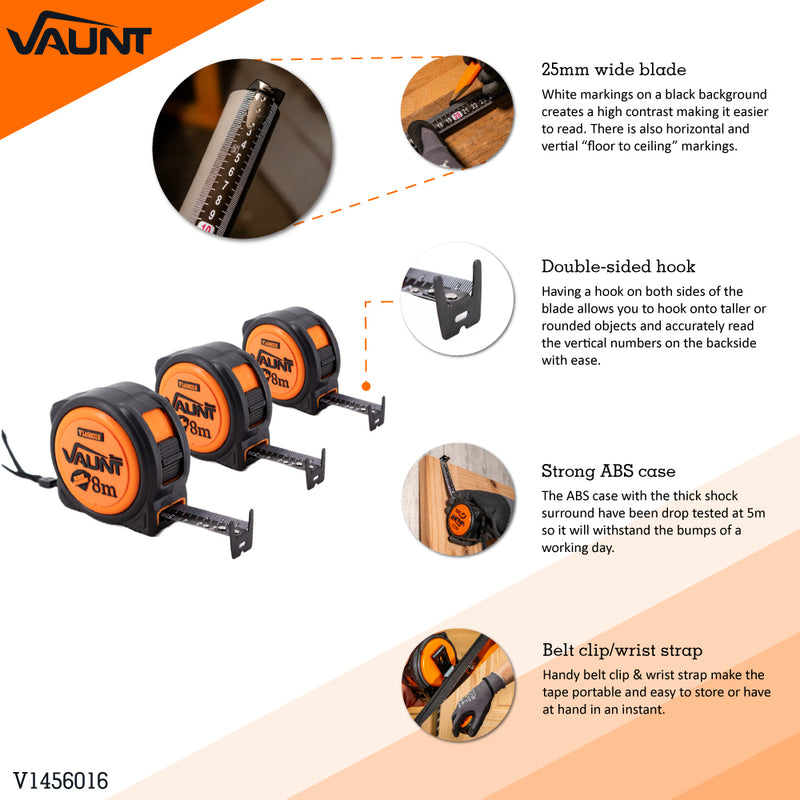 Vaunt V1456016 Premium 8m Metric Heavy Duty Tape Measure - Pack of 3