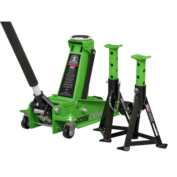 Sealey 3015CXHV 3tonne Trolley Jack with Super Rocket Lift & Axle Stands (Pair) - Hi-Vis Green