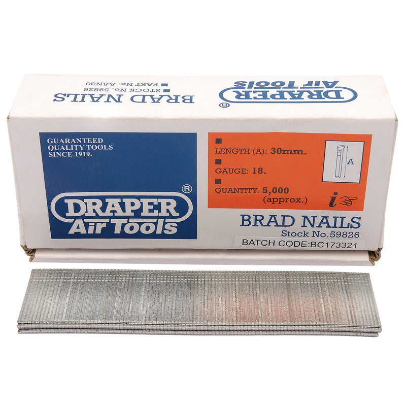 Draper 59826 Brad Nails, 30mm (Pack of 5000)