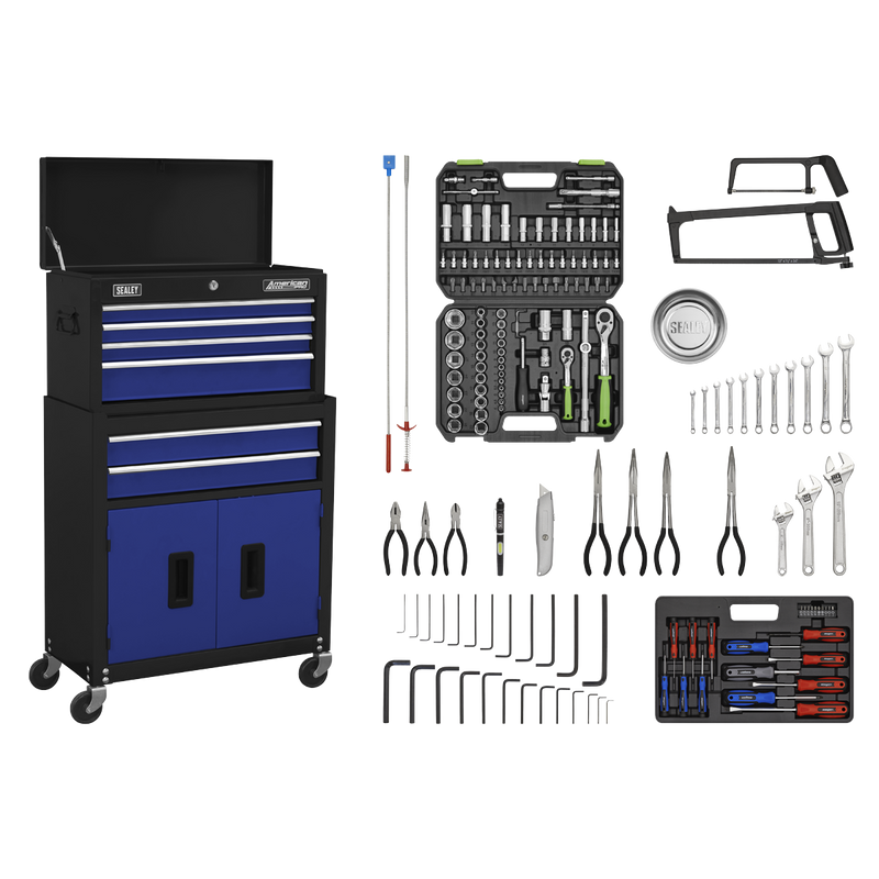 Sealey AP22BCOMBO Topchest & Rollcab Combination 6 Drawer with Ball-Bearing Slides - Blue/Black & 128pc Tool Kit