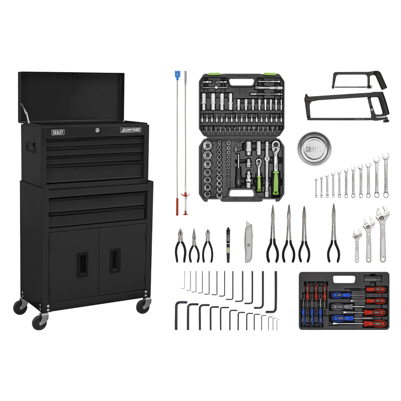Sealey AP22BKCOMBO Topchest & Rollcab Combination 6 Drawer with Ball-Bearing Slides - Black & 128pc Tool Kit