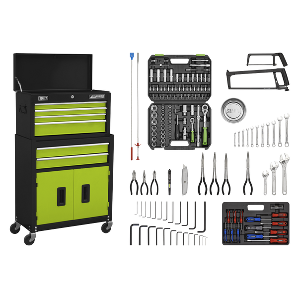 Sealey AP22HVGCOMBO Topchest & Rollcab Combination 6 Drawer with Ball-Bearing Slides - Green/Black & 128pc Tool Kit