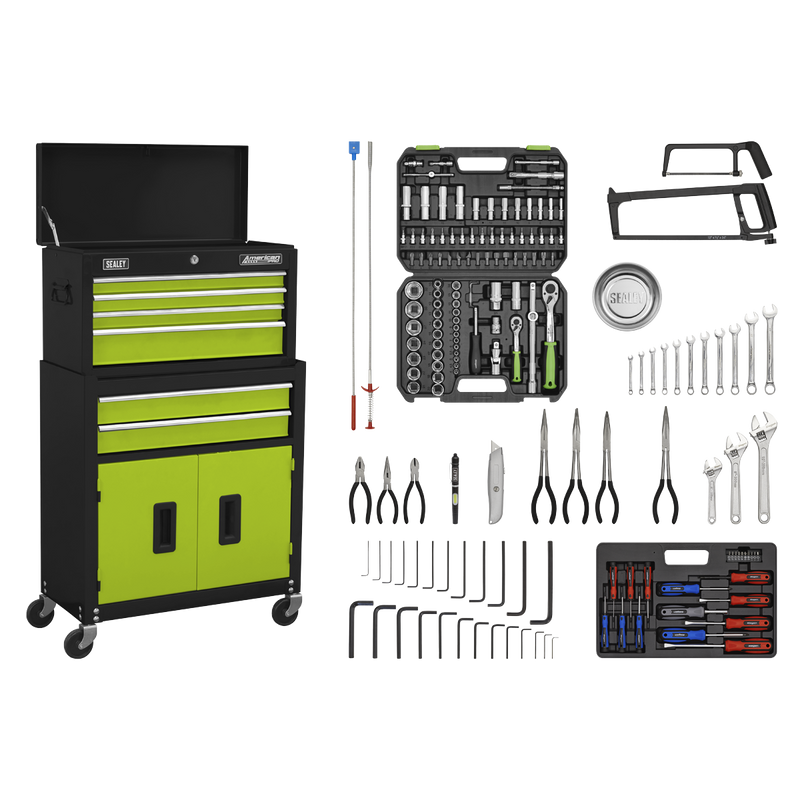 Sealey AP22HVGCOMBO Topchest & Rollcab Combination 6 Drawer with Ball-Bearing Slides - Green/Black & 128pc Tool Kit