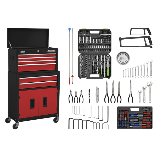Sealey AP22RCOMBO Topchest & Rollcab Combination 6 Drawer with Ball-Bearing Slides - Red/Black & 128pc Tool Kit