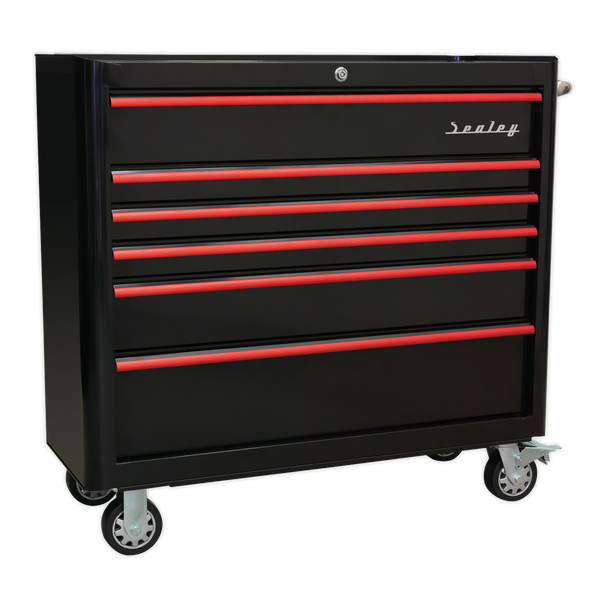 Sealey AP41206BR 6 Drawer Wide Retro Style Rollcab - Black with Red Anodised Drawer Pulls