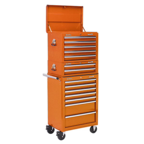 Sealey APSTACKTO 14 Drawer Topchest, Mid-Box & Rollcab Combination with Ball-Bearing Slides - Orange