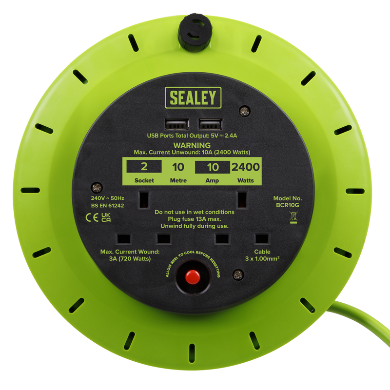 Sealey BCR10G Cassette Type Cable Reel Green with Thermal Trip 2 x 230V and 2 x USB 10m