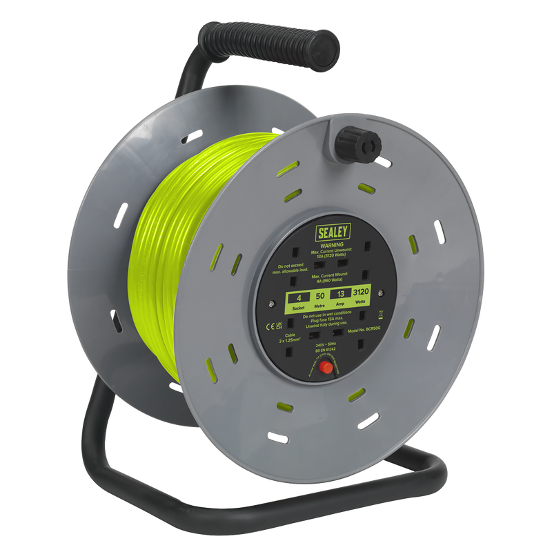 Sealey BCR50G Cable Reel with Thermal Trip 4 x 230V Sockets 50m - Green