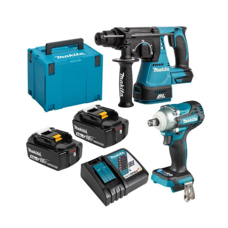 Makita DLX2372TJ Rotary Hammer & Impact Wrench Kit with 2x BL1850B Batteries & Charger