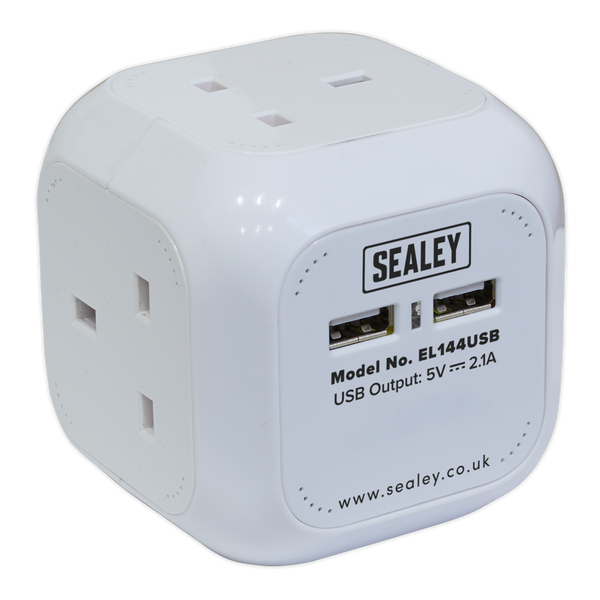 Sealey EL144USB 1.4m Powercube Extension Cable 4 x 230V & 2 x USB Sockets - White