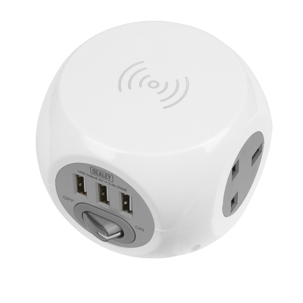 Sealey EL144WC 1.4m Extension Cable Cube 3 x 230V & 3 x USB Sockets & Wireless Charging Pad