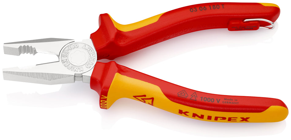 KNIPEX 03 06 180 T Combination Pliers insulated with multi-component grips, VDE-tested with integrated insulated tether attachment point for a tool tether chrome-plated 180 mm