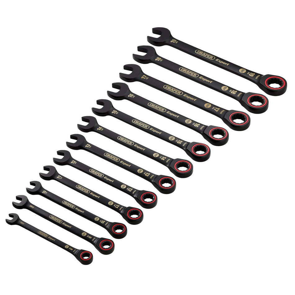Draper 03896 Draper Expert HI-TORQ; Metric Ratchet Combination Spanner Set, Black (12 Piece)