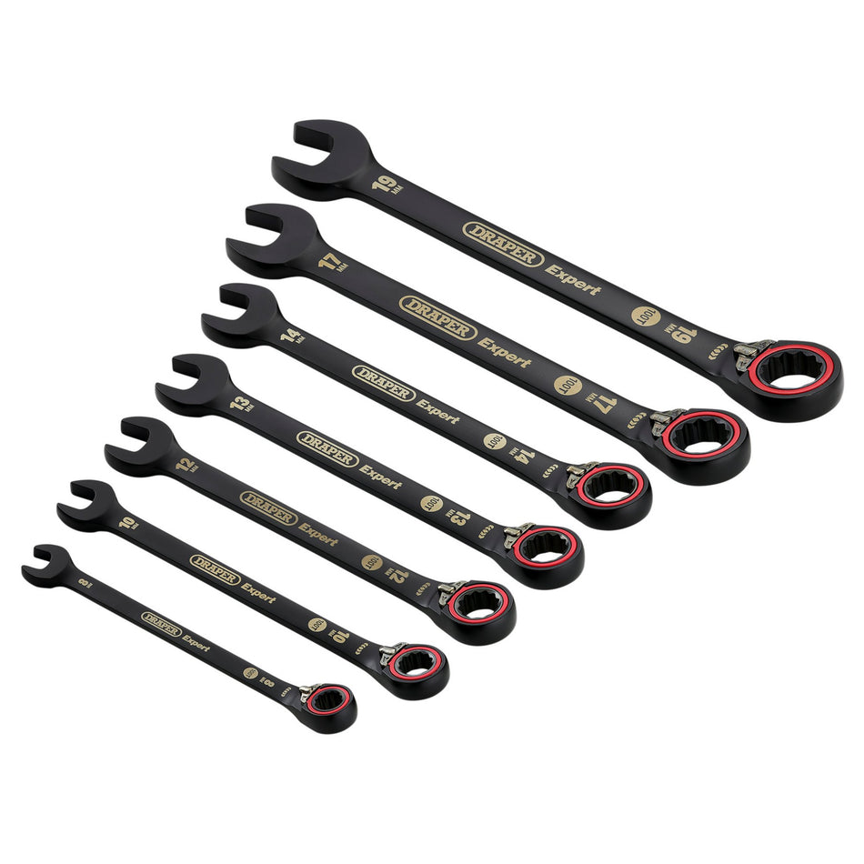 Draper 03911 Draper Expert HI-TORQ;  Metric Reversible Ratchet Combination Spanner Set, Black (7 Piece)