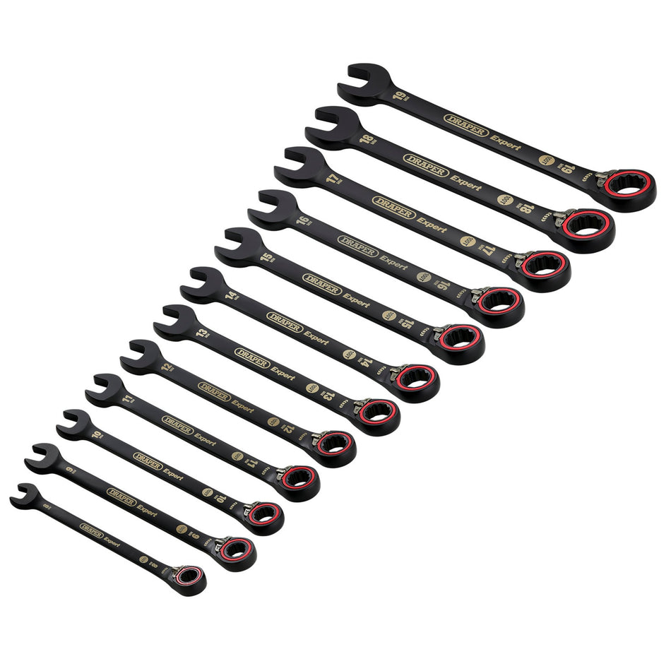 Draper 03912 Draper Expert HI-TORQ;  Metric Reversible Ratchet Combination Spanner Set, Black (12 Piece)