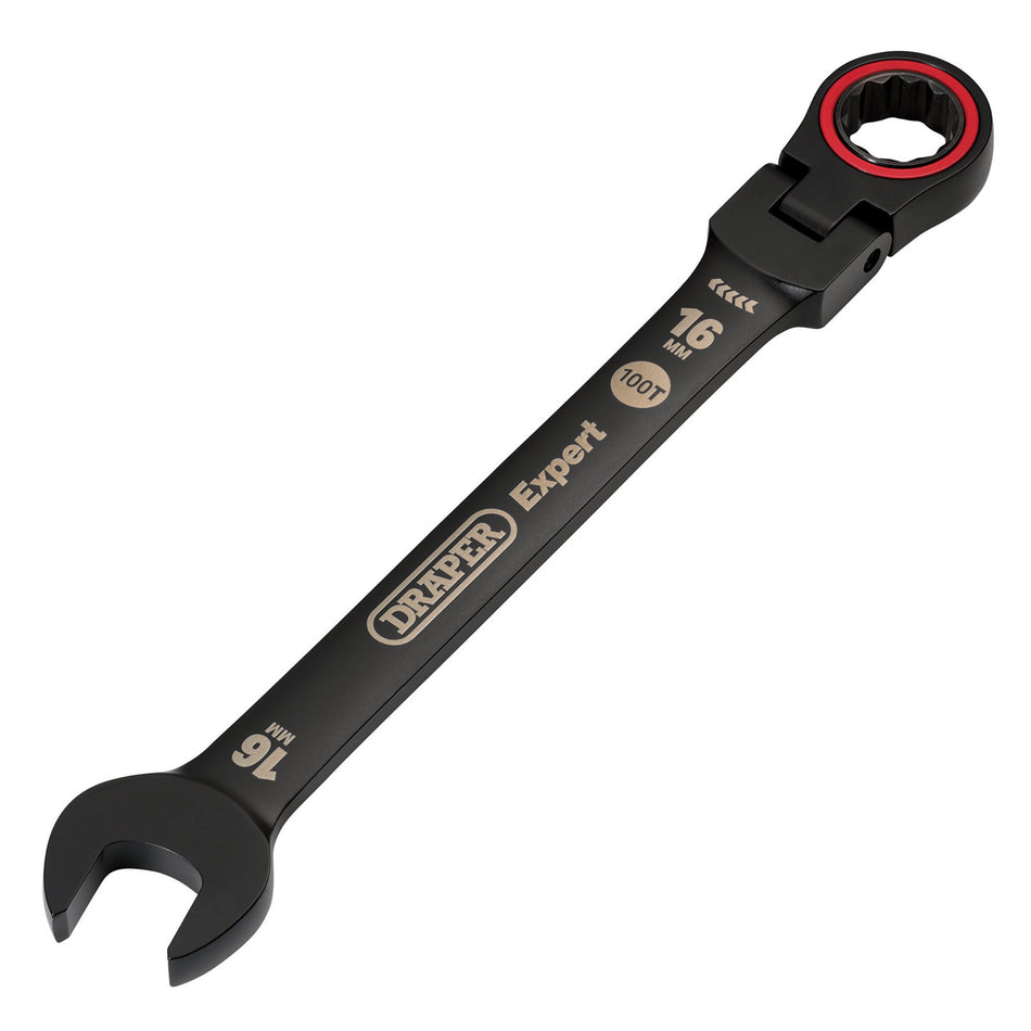 Draper 03923 Draper Expert HI-TORQ; Metric Flexible Head Ratchet Combination Spanner, 16mm, Black