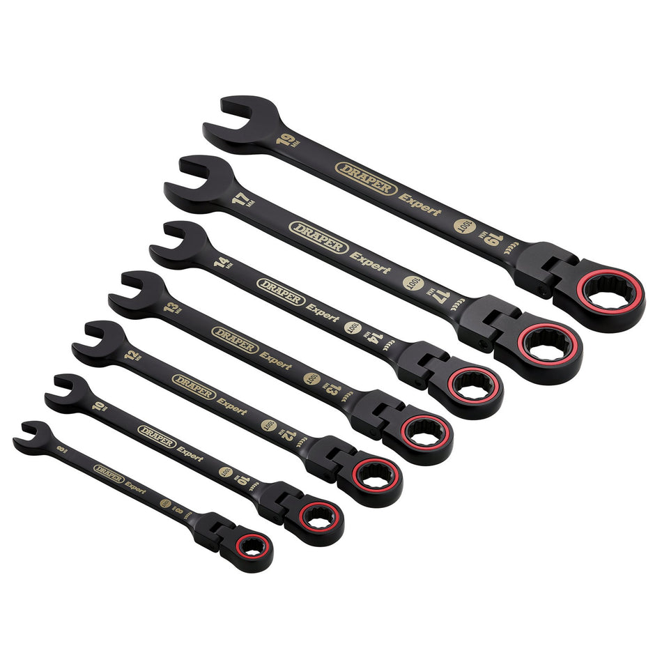 Draper 03927 Draper Expert HI-TORQ; Metric Flexible Head Ratchet Combination Spanner Set, Black (7 Piece)