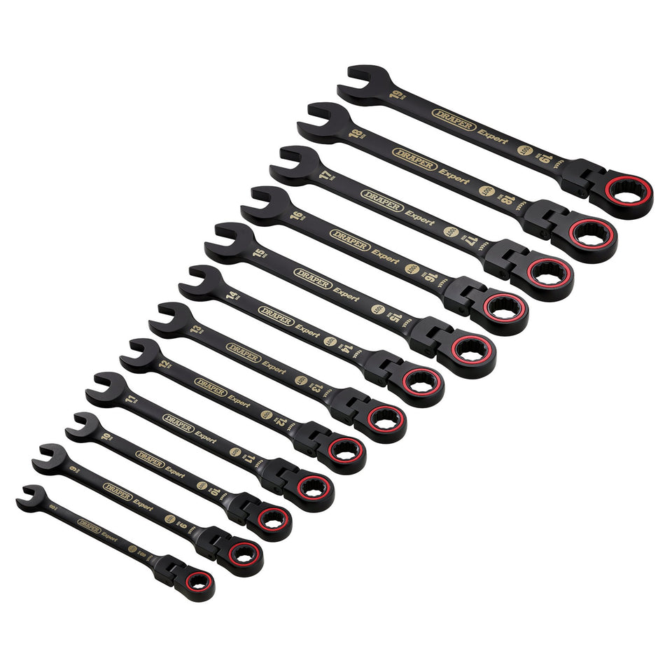 Draper 03929 Draper Expert HI-TORQ; Metric Flexible Head Ratchet Combination Spanner Set, Black (12 Piece)