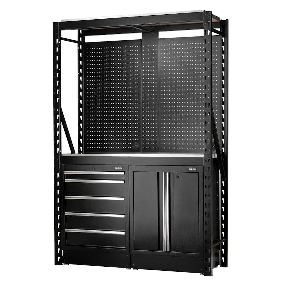BUNKER® 27972 15 Piece Modular Storage Combo 2 Tier Racking with Stainless Steel Shelving, Pegboards and Floor Cabinets, 1500mm