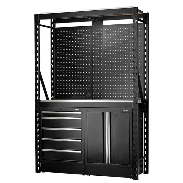 BUNKER&#174 27972 15 Piece Modular Storage Combo 2 Tier Racking with Stainless Steel Shelving, Pegboards and Floor Cabinets, 1500mm