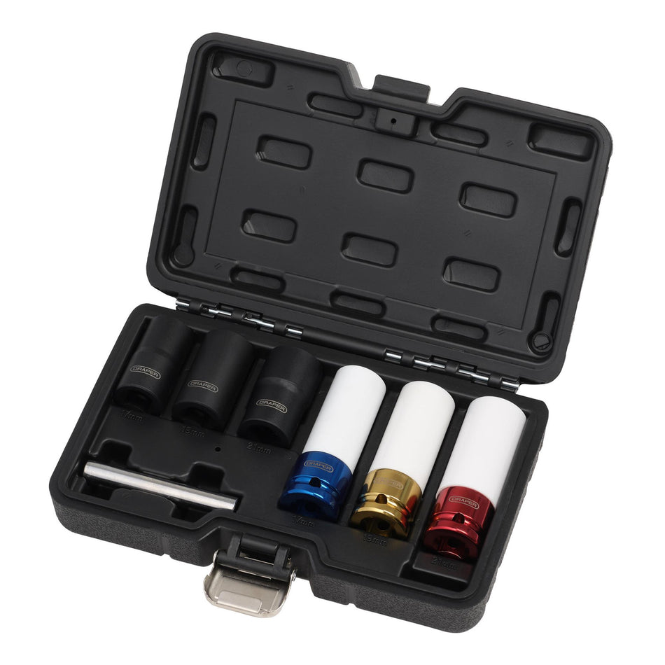 DRAPER 07115 Wheel Nut and Bolt Extractor Socket Set, 1/2" Sq. Dr. (7 Piece)