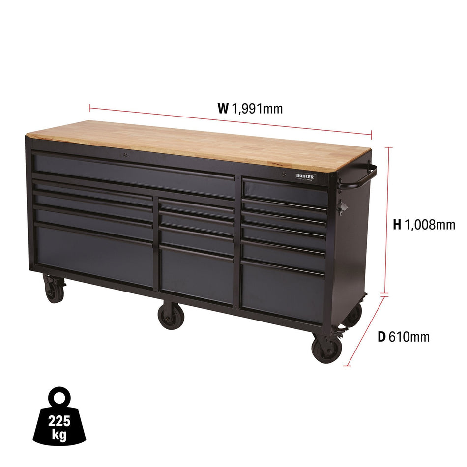 BUNKER® 08241 Workbench Roller Tool Cabinet, 15 Drawer, 72", Grey