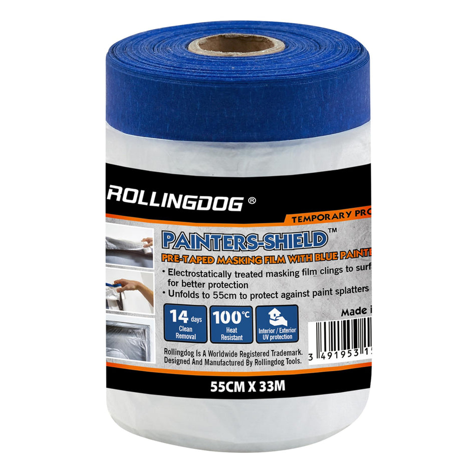 Draper 09662 ROLLINGDOG PAINTERS-SHIELD™ Blue Pretaped Masking Film, 33m x 55cm