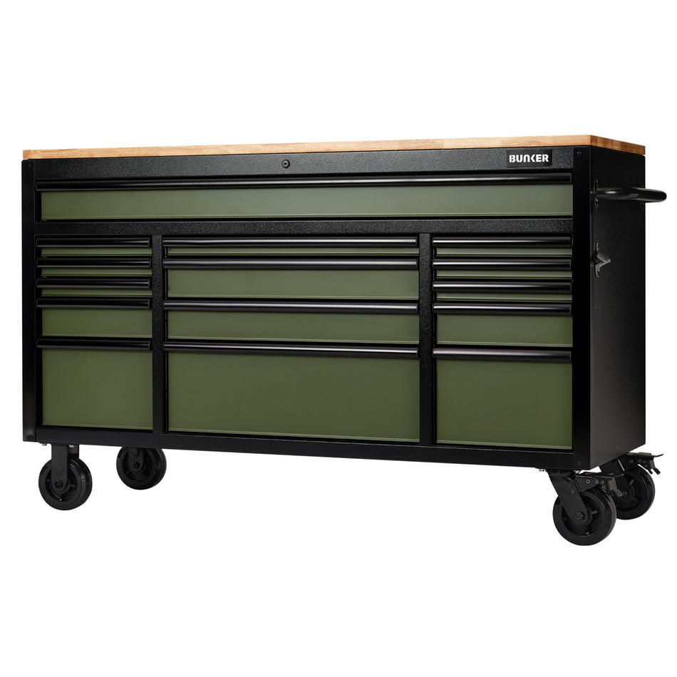BUNKER® 10368 Workbench Roller Tool Cabinet, 15 Drawer, 61", Green
