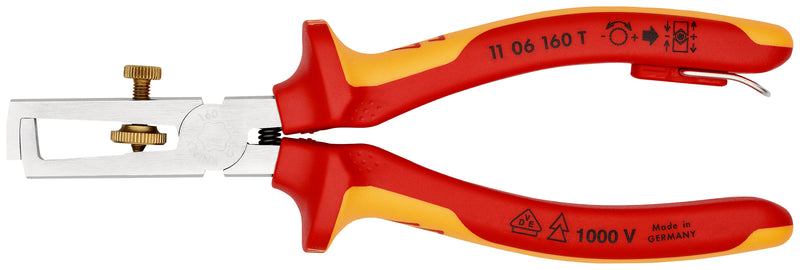 KNIPEX 11 06 160 T Insulation Stripper with opening spring, universal insulated with multi-component grips, VDE-tested with integrated insulated tether attachment point for a tool tether chrome-plated 160 mm