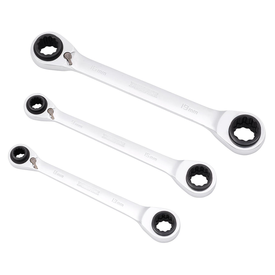 DRAPER 11652 Metric 4-in-1 Reversible Double Ring End Ratchet Spanner Set (3 Piece)