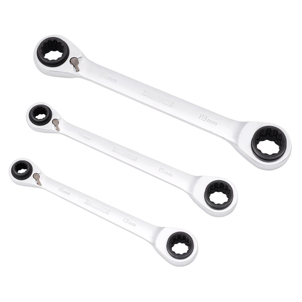 DRAPER 11652 Metric 4-in-1 Reversible Double Ring End Ratchet Spanner Set (3 Piece)