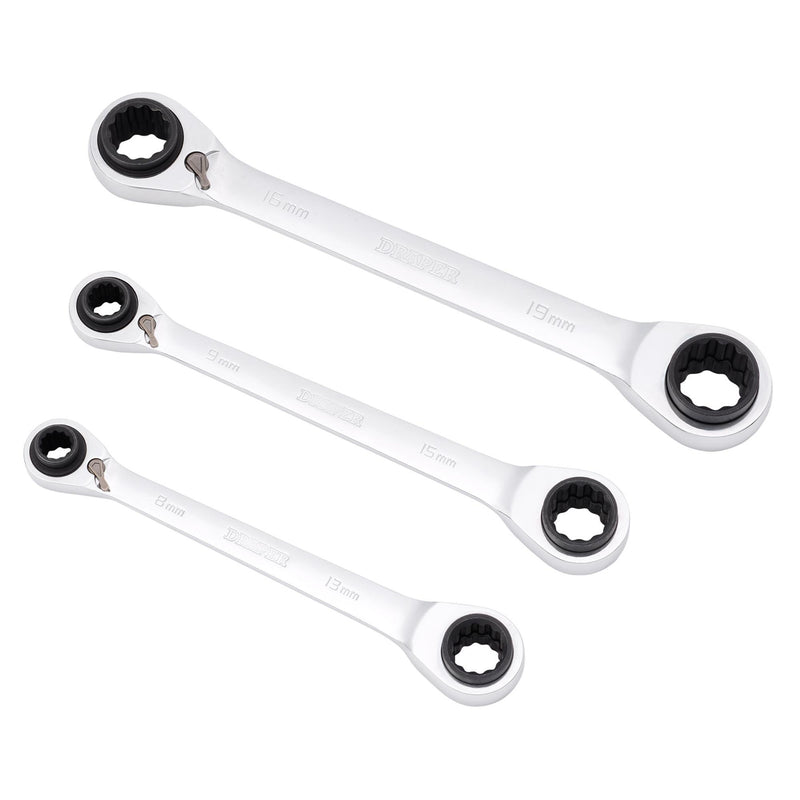 DRAPER 11652 Metric 4-in-1 Reversible Double Ring End Ratchet Spanner Set (3 Piece)