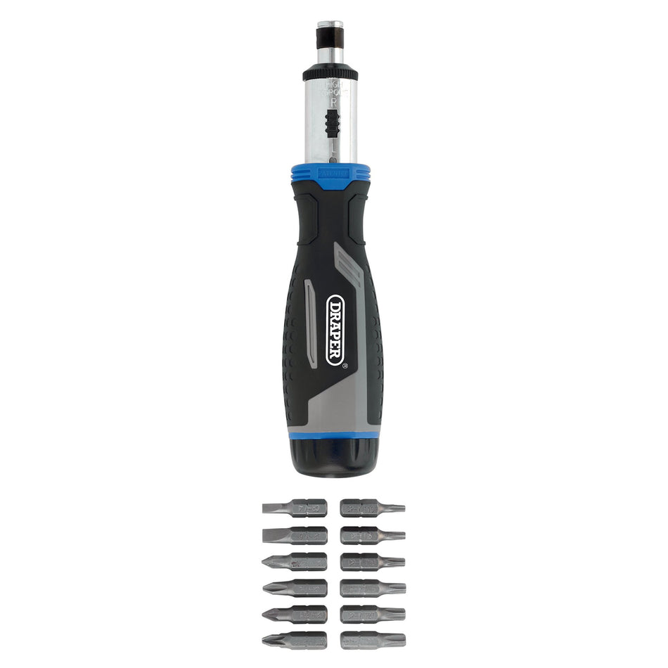 Draper 13440 Soft Grip Ratchet Screwdriver and Bit Set, 1/4" (13 Piece)
