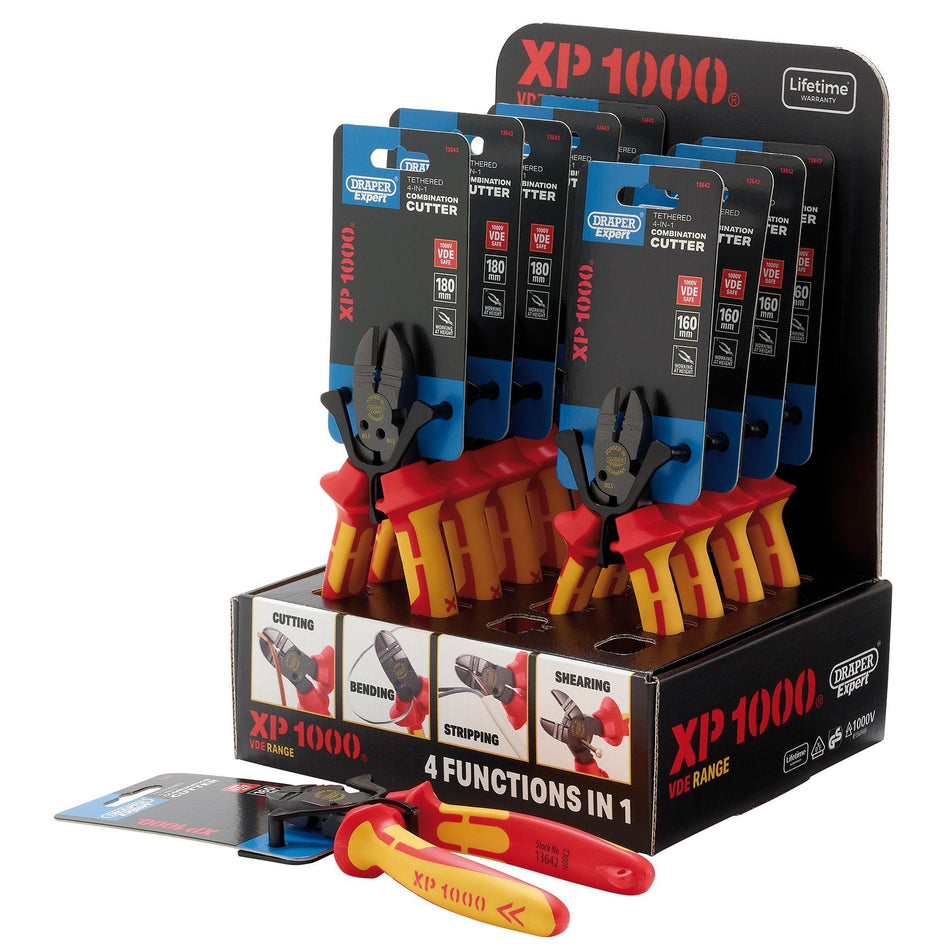 Draper 13608 XP1000¨ Counter Top Display of VDE 160mm 4-in-1 Tethered Combination Cutters & 180mm 4-in-1 Tethered Combination Cutters (10 Piece)