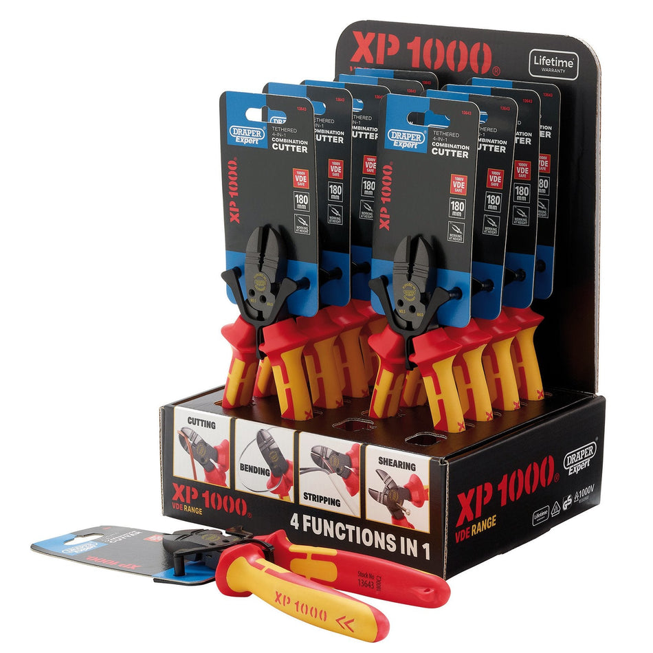 Draper 13616 XP1000¨ Counter Top Display of VDE 180mm 4-in-1 Tethered Combination Cutters (10 Piece)