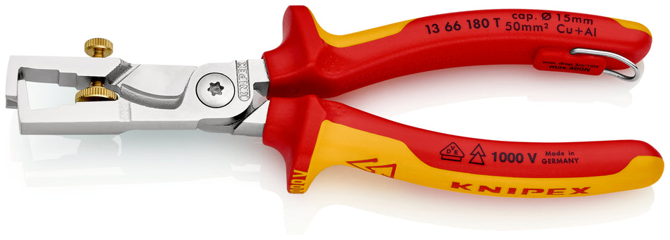 KNIPEX 13 66 180 T StriXÂ¨ Insulation strippers with cable shears insulated with multi-component grips, VDE-tested with integrated insulated tether attachment point for a tool tether chrome-plated 180 mm