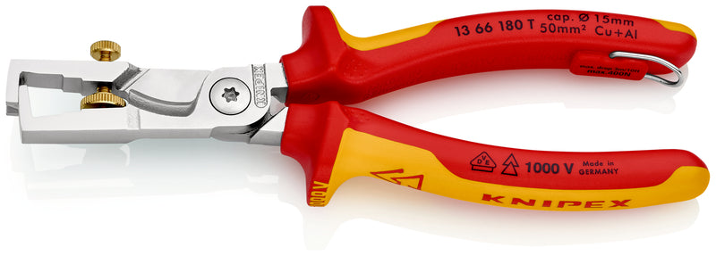 KNIPEX 13 66 180 T StriXÂ¨ Insulation strippers with cable shears insulated with multi-component grips, VDE-tested with integrated insulated tether attachment point for a tool tether chrome-plated 180 mm