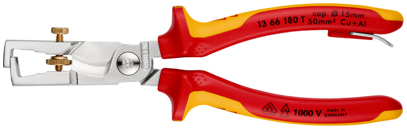 KNIPEX 13 66 180 T StriXÂ¨ Insulation strippers with cable shears insulated with multi-component grips, VDE-tested with integrated insulated tether attachment point for a tool tether chrome-plated 180 mm
