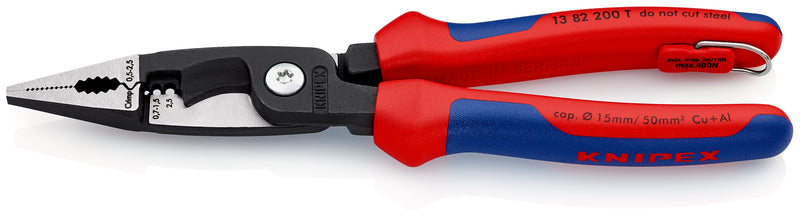 KNIPEX 13 82 200 T Pliers for Electrical Installation with multi-component grips, with integrated tether attachment point for a tool tether black atramentized 200 mm