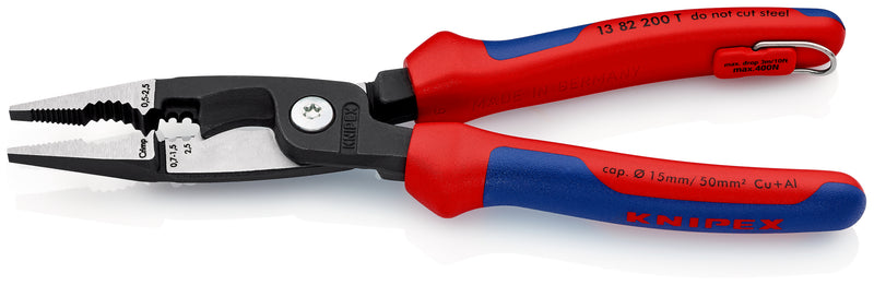 KNIPEX 13 82 200 T Pliers for Electrical Installation with multi-component grips, with integrated tether attachment point for a tool tether black atramentized 200 mm