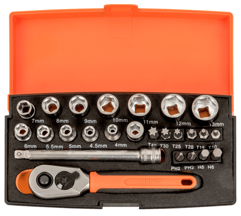 Bahco SL25  1/4" Square Drive Socket Set with Metric Hex Profile and Screwdriver Bits/Bit Holder