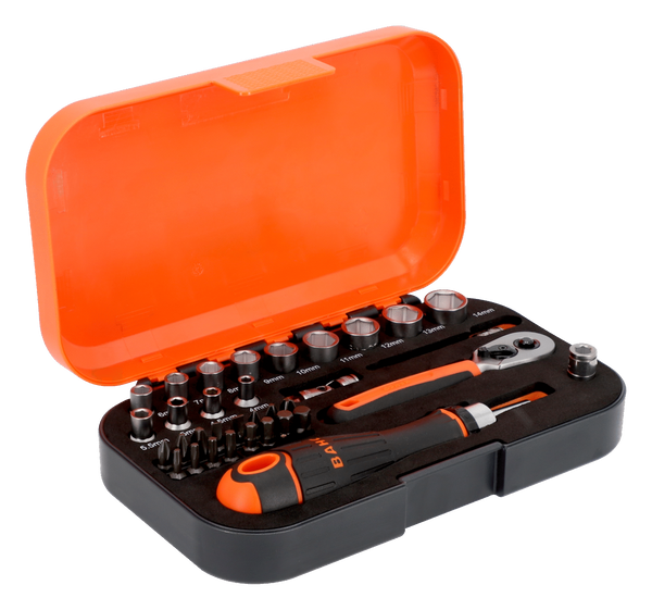 Bahco S34MC8H 1/4" Square Drive Socket & Bit Set with Metric Hex Profile - 34 Pcs